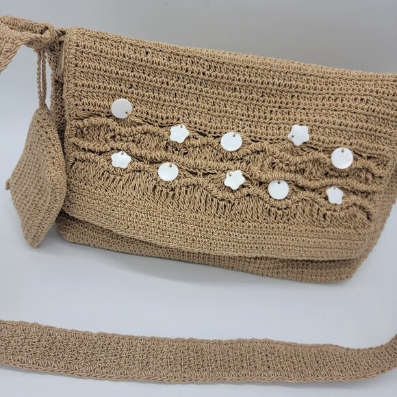 Tan Handbag with Applique Crochet Shoulder Bag Matching Attached Coin Purse - Picture 2 of 12